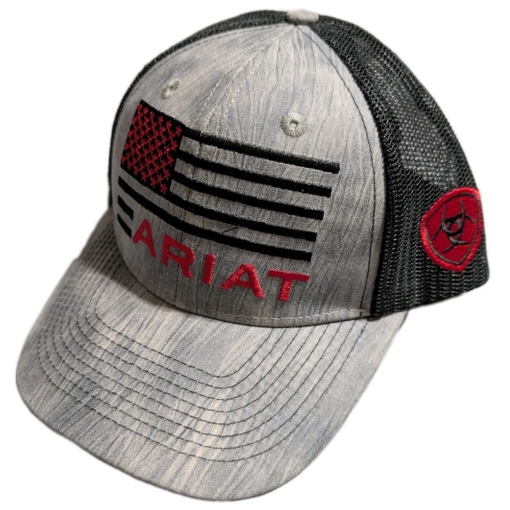 Ariat Mens Trucker Hat US Flag Gray Black Red Mesh Back Snapback Baseball Cap